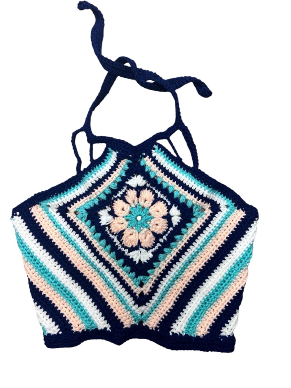 Handmade Crochet Halter Crop Top Large Boho Floral Tie Back Festival Boho New